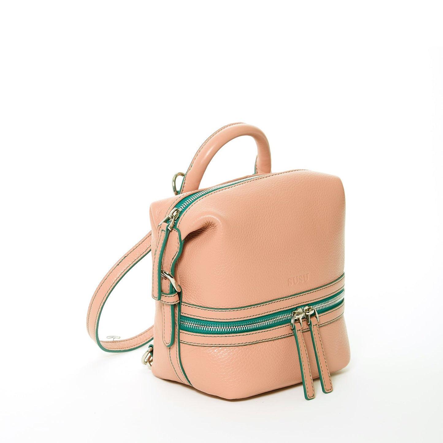 SUSU Pink Leather Backpack Purse for Women Convertible Crossbody Bag Medium Size with Front and Back Pockets
