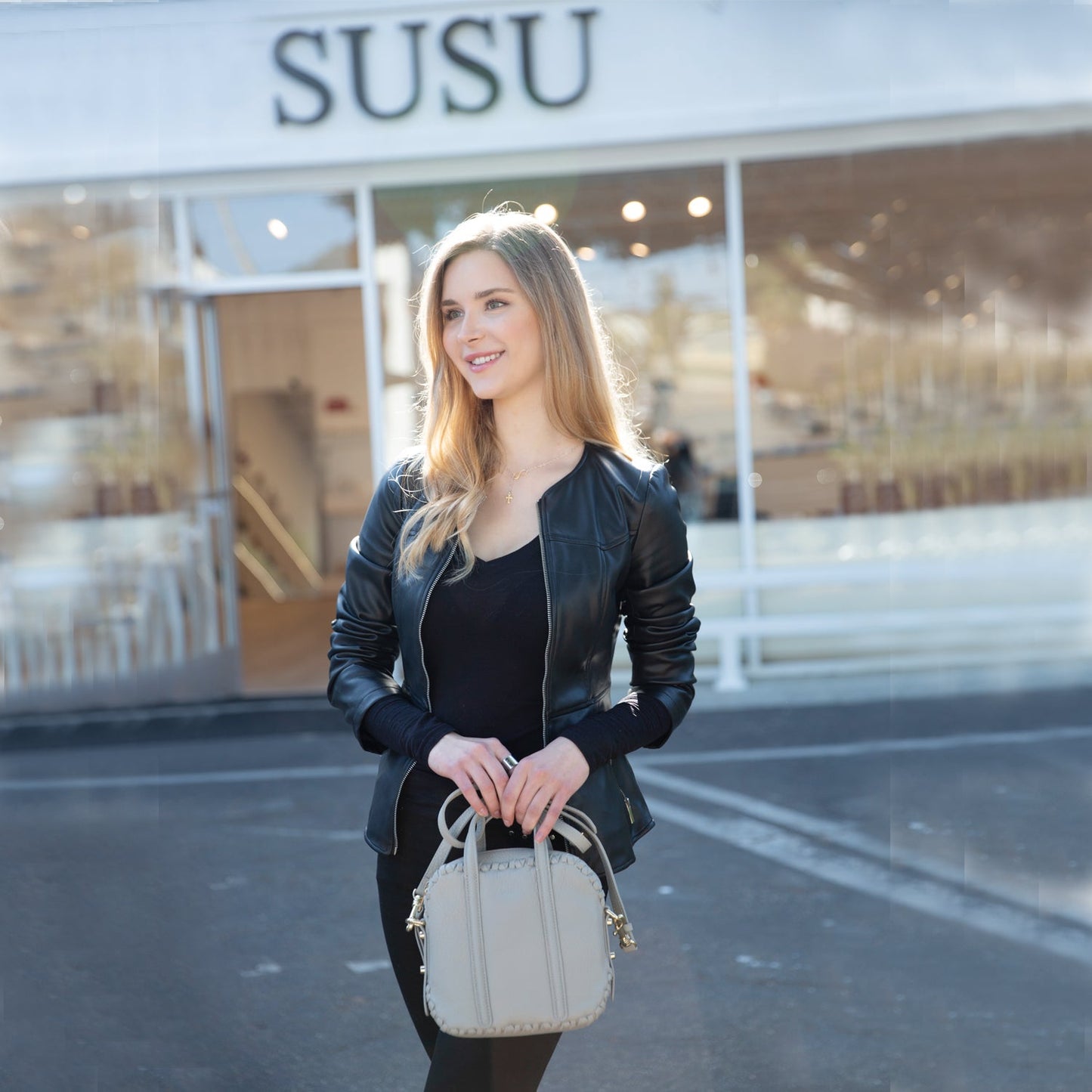 SUSU Leather Crossbody Bag Medium Size Women's Handbag Grayish Beige Purse