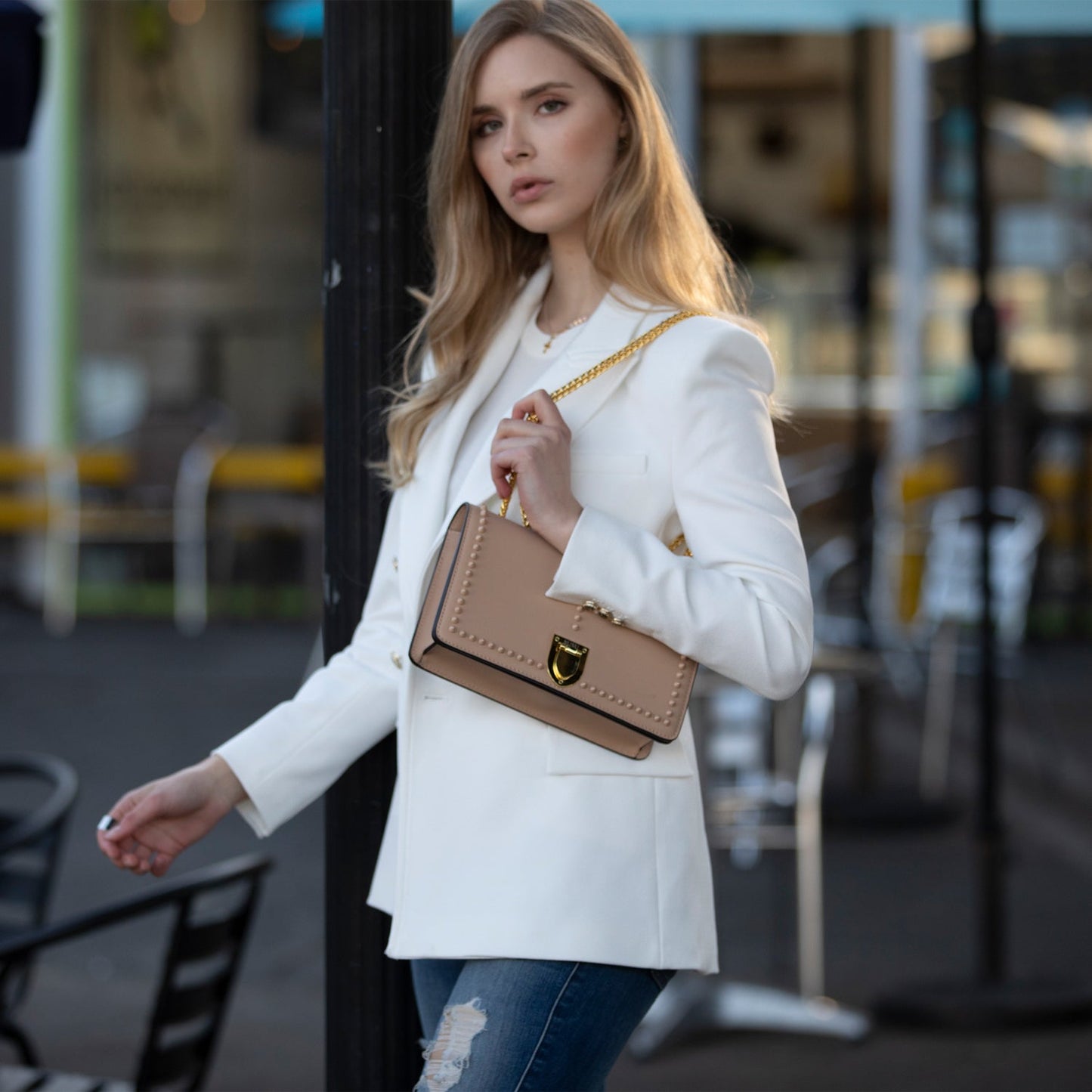 SUSU Leather Chain Shoulder Bag with Chain Strap, Medium Size Crossbody Bag Beige Purse