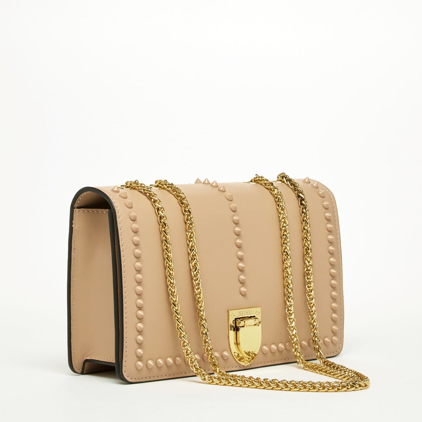 SUSU Leather Chain Shoulder Bag with Chain Strap, Medium Size Crossbody Bag Beige Purse