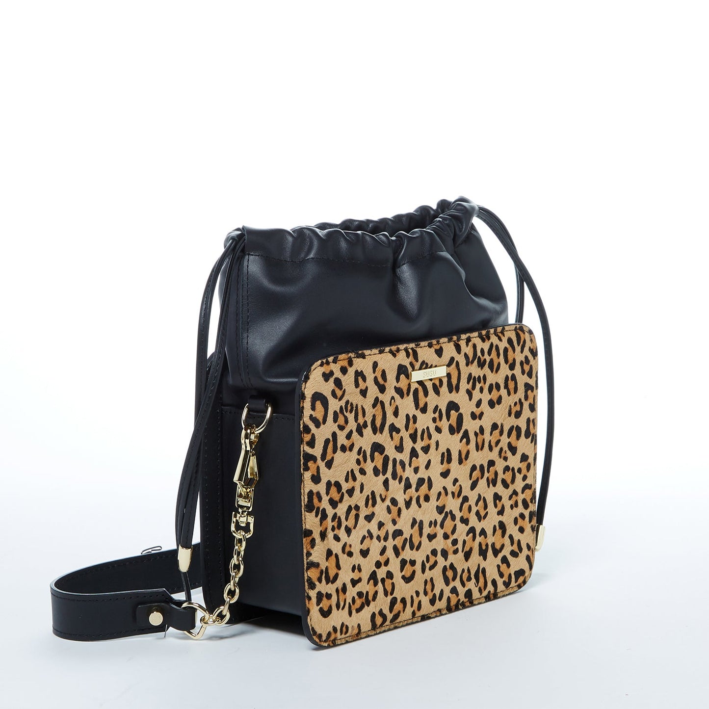 SUSU Leather Bucket Bag Leopard Black Purse Drawstring Design Medium Size Bag