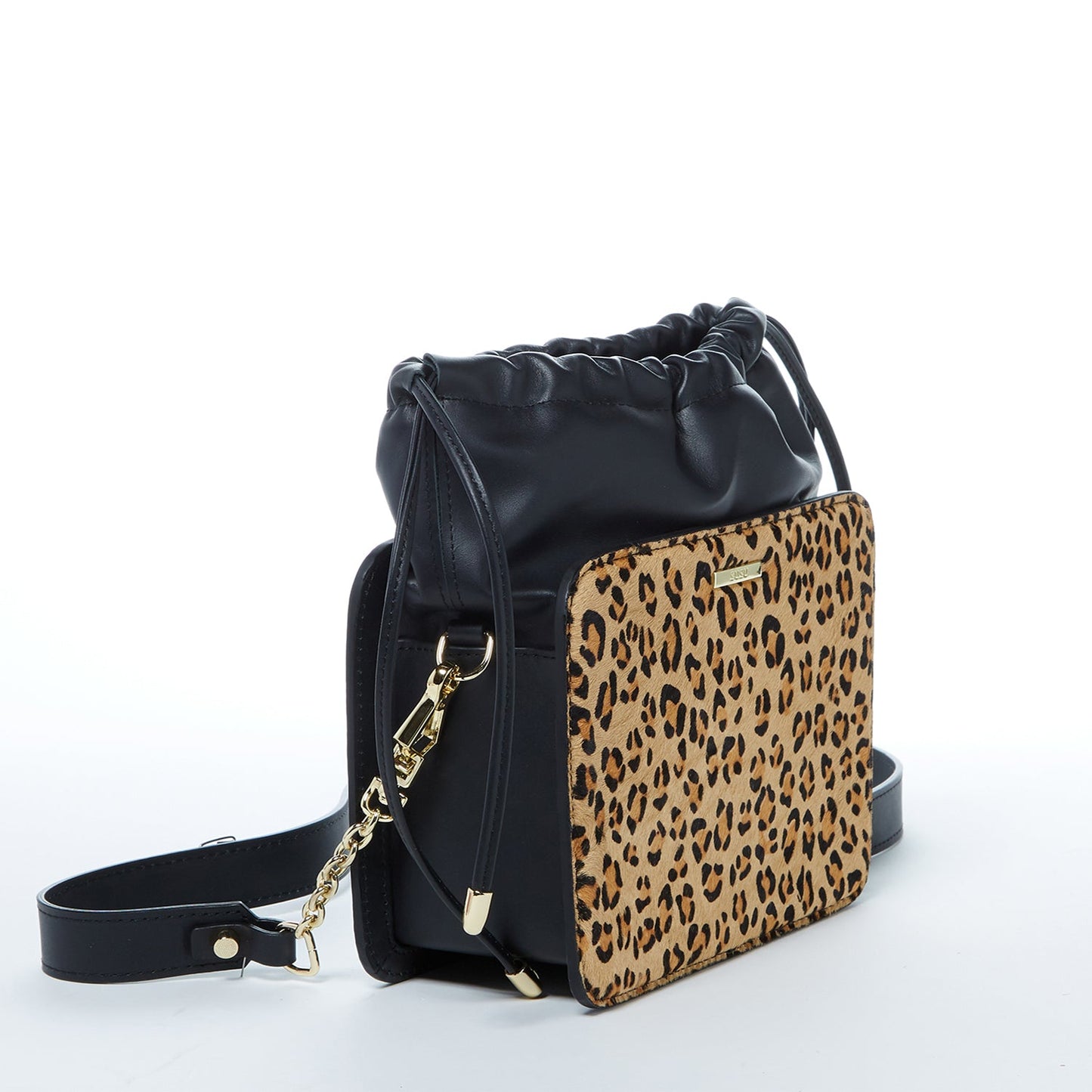 SUSU Leather Bucket Bag Leopard Black Purse Drawstring Design Medium Size Bag