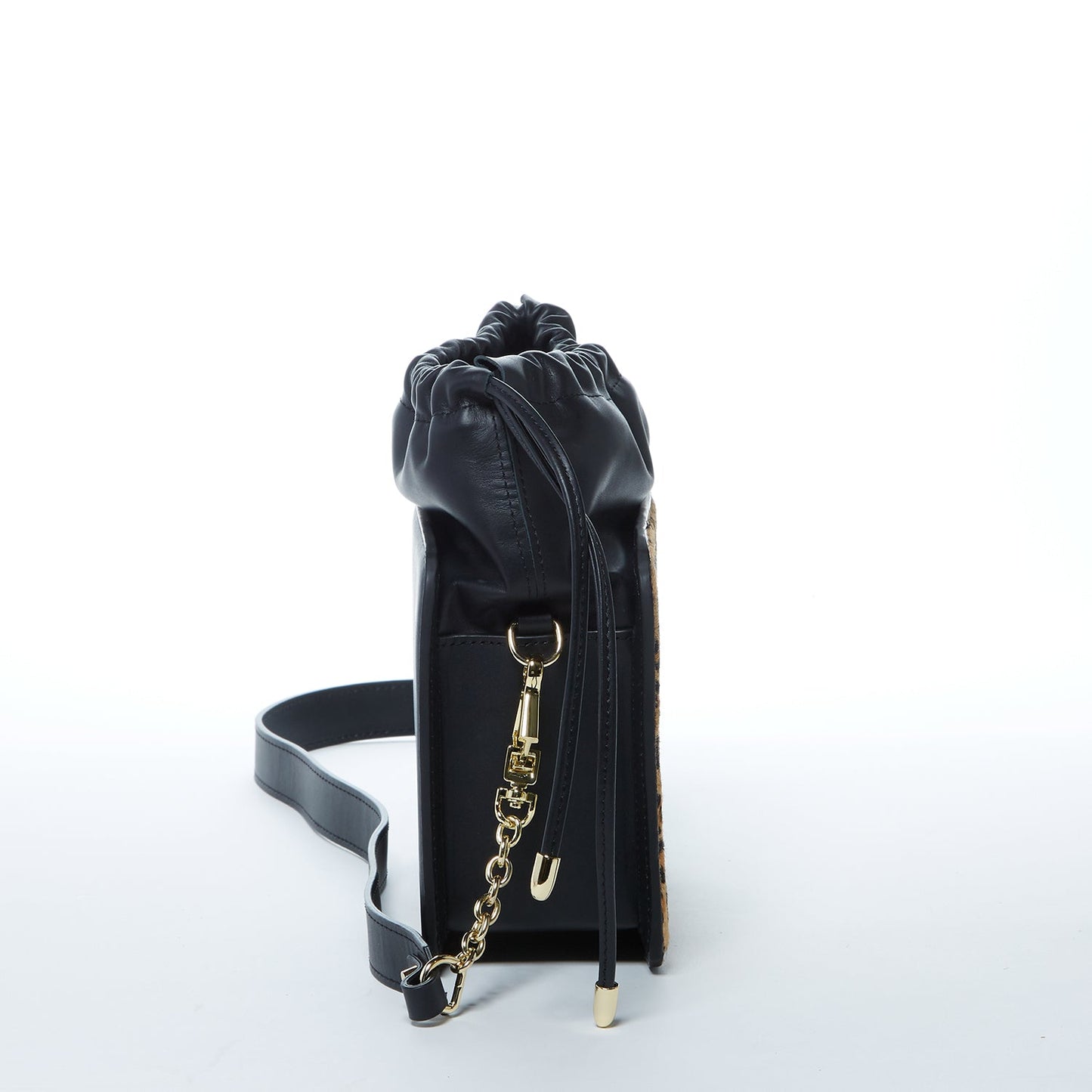 SUSU Leather Bucket Bag Leopard Black Purse Drawstring Design Medium Size Bag
