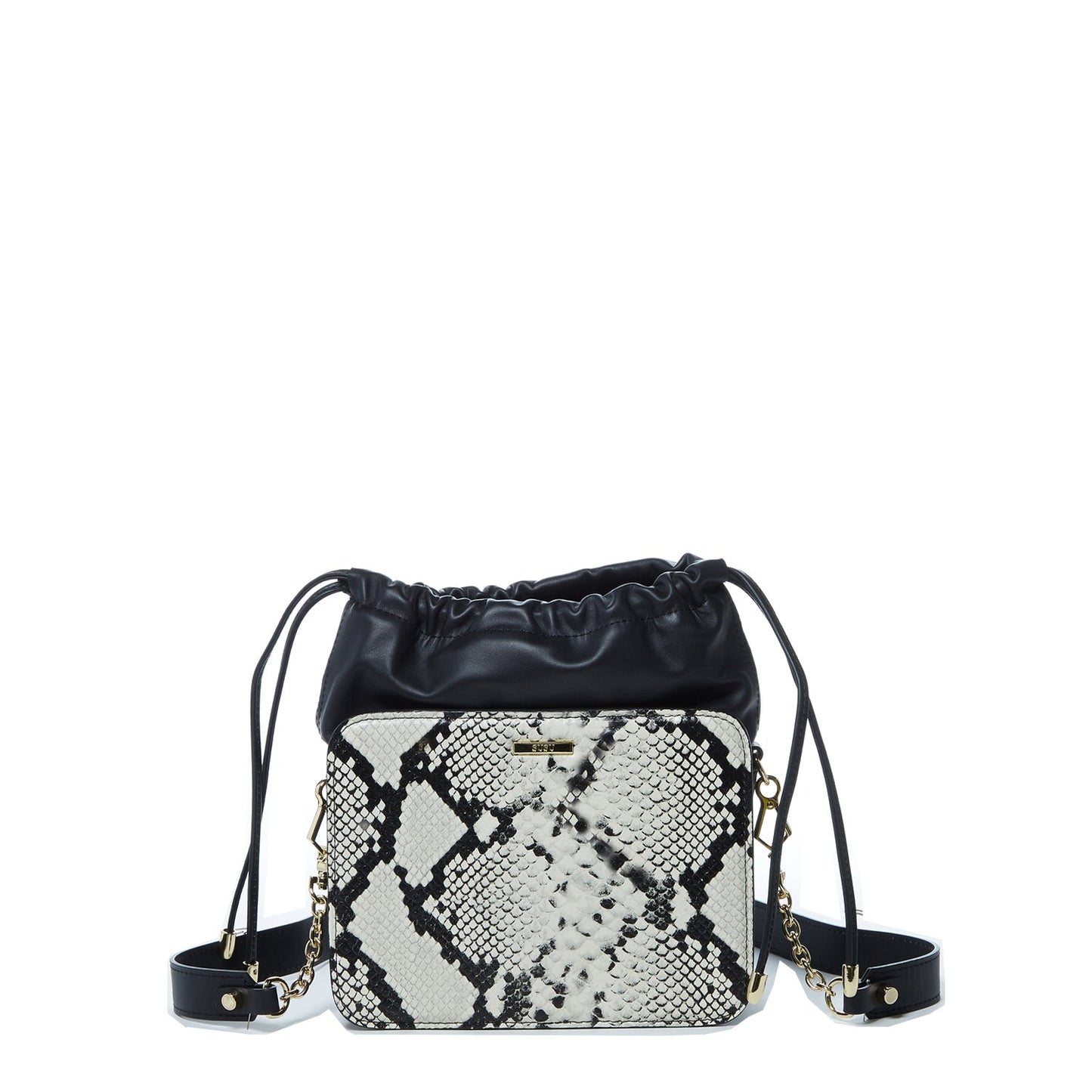 SUSU Leather Bucket Bag Black Purse Snakeskin Drawstring Design Medium Size Bag