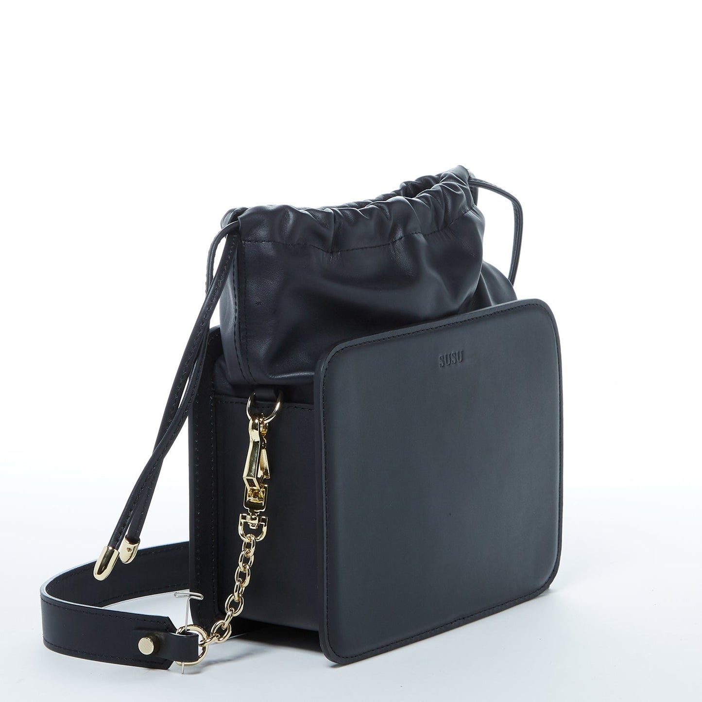 SUSU Leather Bucket Bag Black Purse Drawstring Design Medium Size Bag