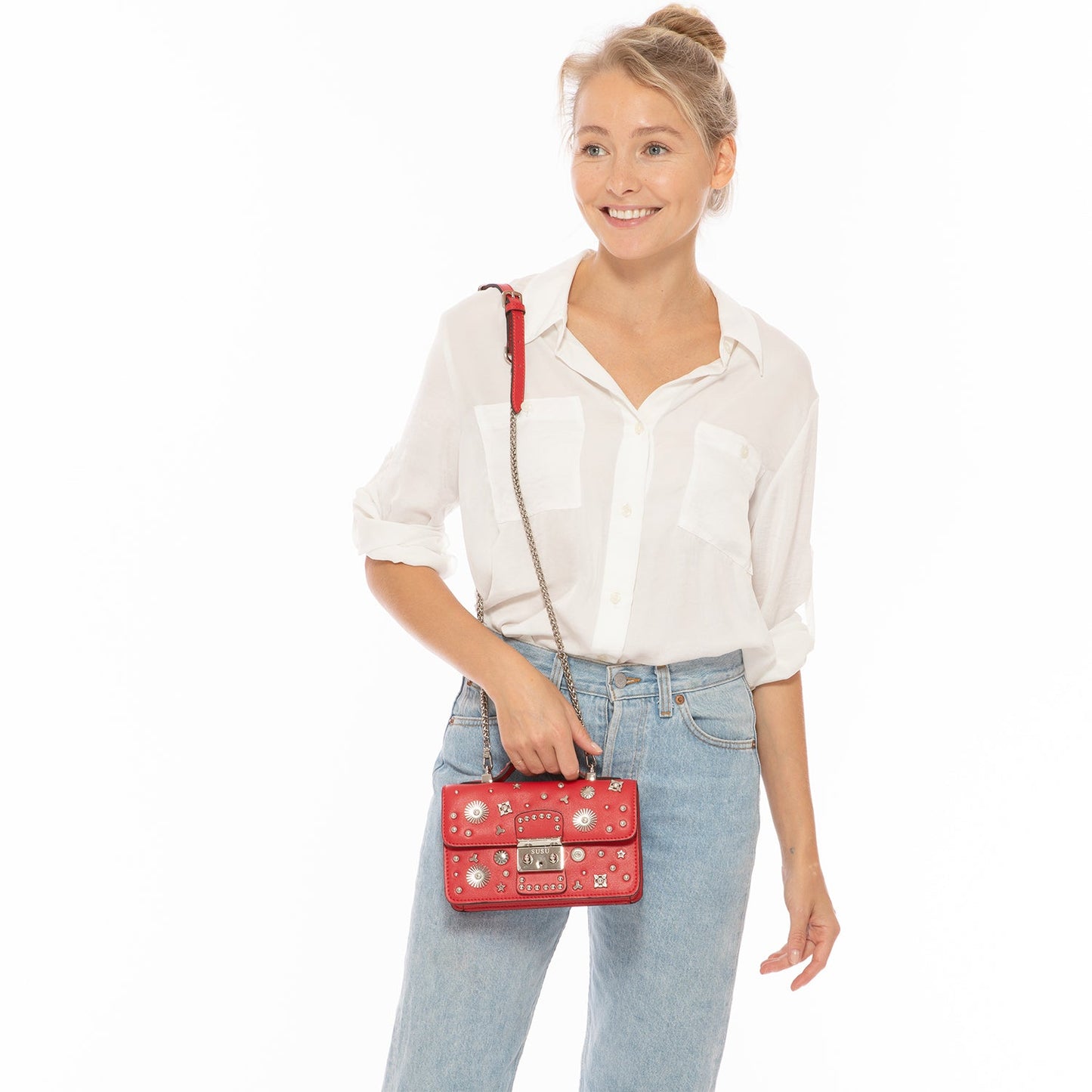 SUSU Studded Small Leather Crossbody Bag Red Purse Women's Handbag
