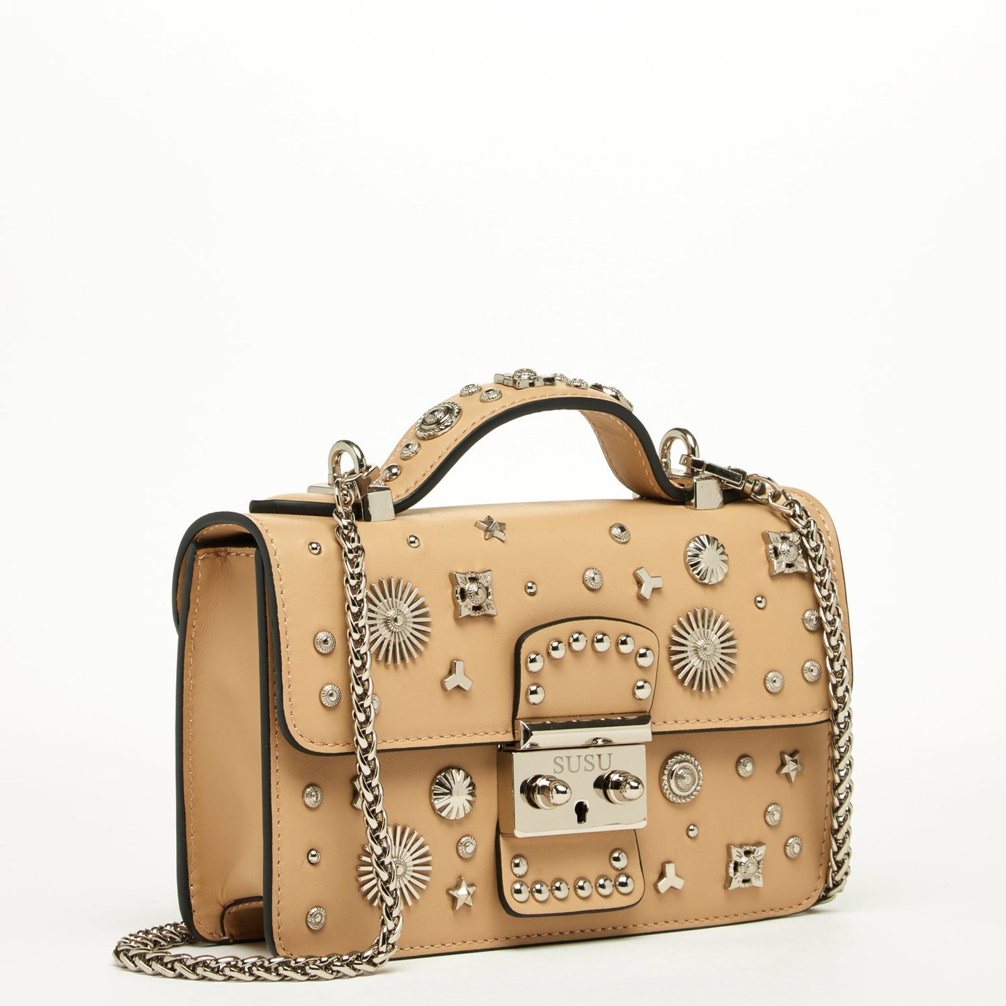 SUSU Small Leather Crossbody Bag Studded Dark Beige Tan Purse Women's Handbag