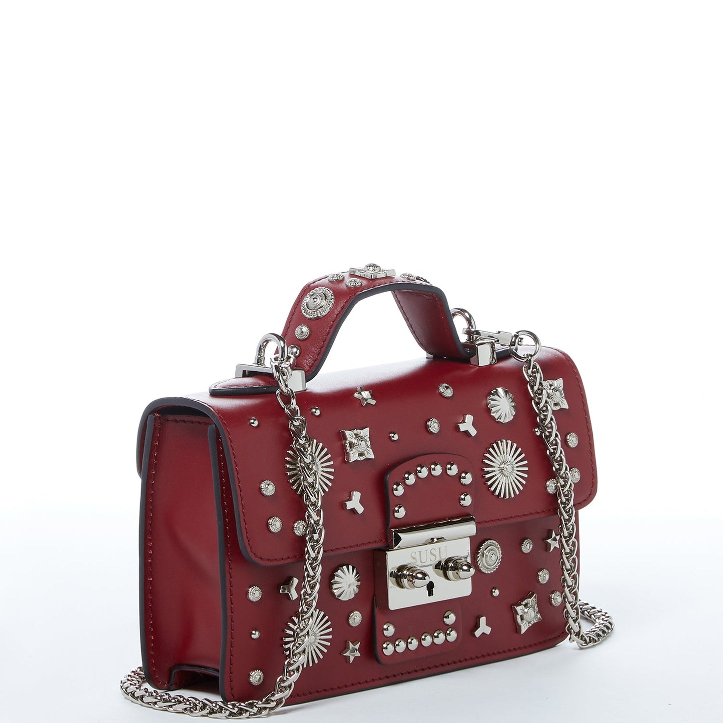 SUSU Studded Small Leather Crossbody Bag Burgundy Purse Women's Handbag