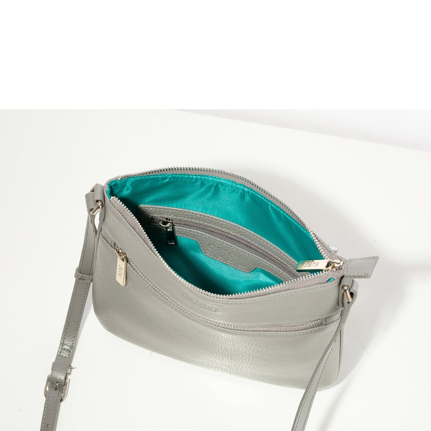 SUSU Leather Messenger Bag Grey Leather Crossbody Purse Women's Handbag