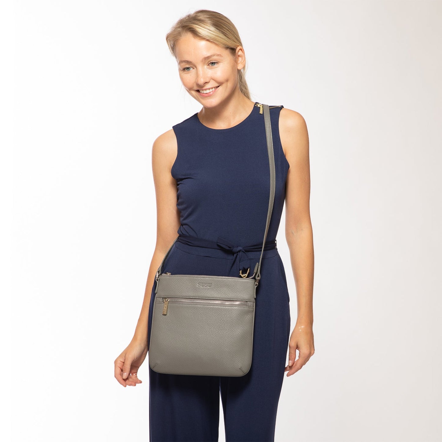 SUSU Leather Messenger Bag Grey Leather Crossbody Purse Women's Handbag