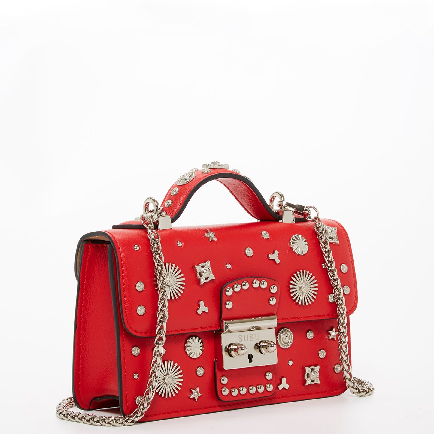 SUSU Studded Small Leather Crossbody Bag Red Purse Women's Handbag