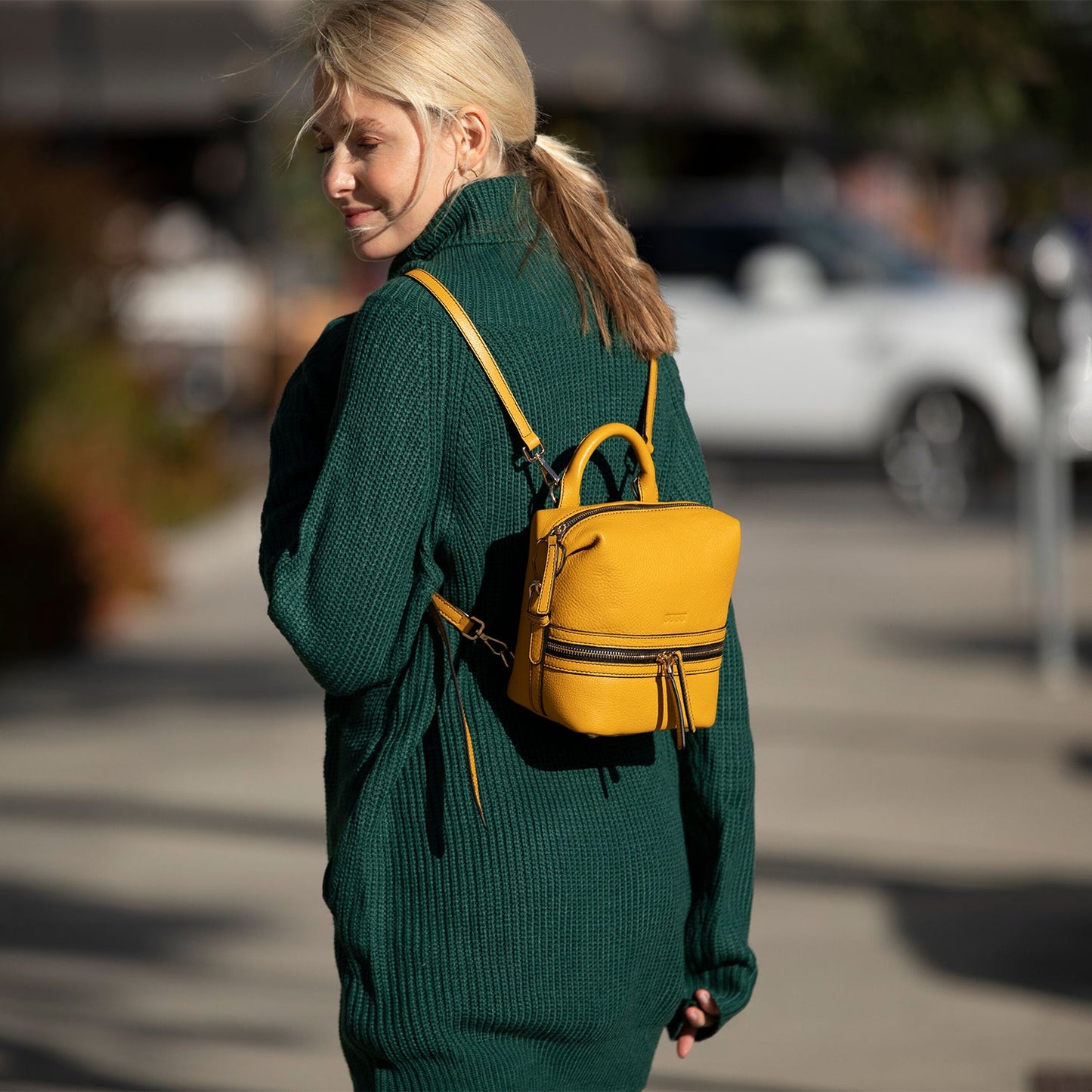 SUSU Leather Backpack for Women Yellow Purse Convertible Crossbody Bag Medium Size with Front and Back Pockets