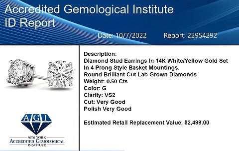 0.50 CTW AGI Certified Lab Grown Diamond (G-VS) Stud Earrings in Choice Of 14K White or Yellow Gold