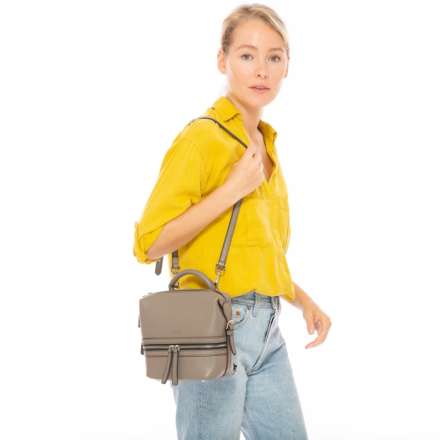 SUSU Gray Leather Backpack Purse for Women Convertible Crossbody Bag Medium Size with Front and Back Pockets