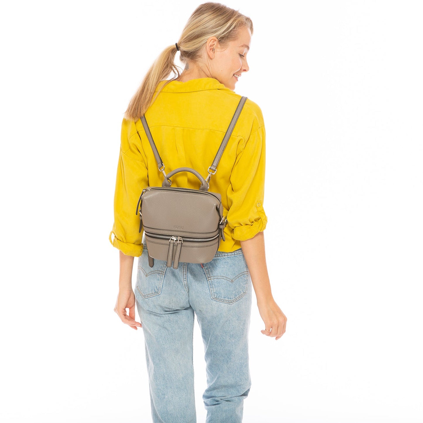 SUSU Gray Leather Backpack Purse for Women Convertible Crossbody Bag Medium Size with Front and Back Pockets