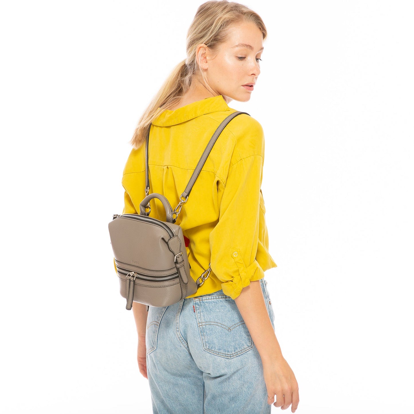 SUSU Gray Leather Backpack Purse for Women Convertible Crossbody Bag Medium Size with Front and Back Pockets