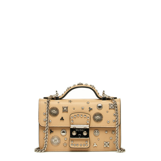 SUSU Small Leather Crossbody Bag Studded Dark Beige Tan Purse  Women's Handbag