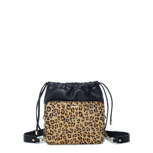 SUSU Leather Bucket Bag Leopard Black Purse Drawstring Design Medium Size Bag