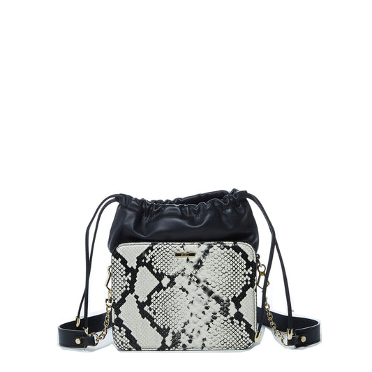 SUSU Leather Bucket Bag Black Purse Snakeskin Drawstring Design Medium Size Bag