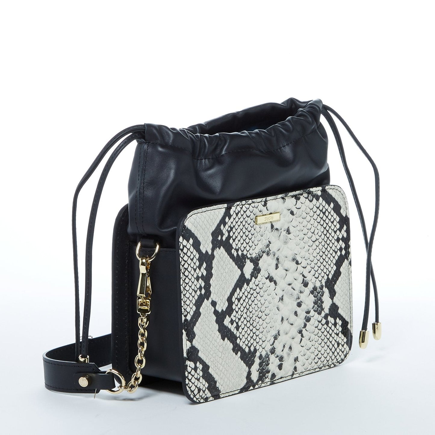 SUSU Leather Bucket Bag Black Purse Snakeskin Drawstring Design Medium Size Bag