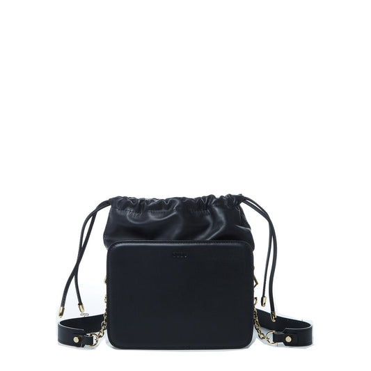 SUSU Leather Bucket Bag Black Purse Drawstring Design Medium Size Bag