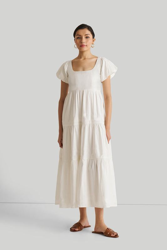 Puff Sleeve Embroidered Tiered Dress in White