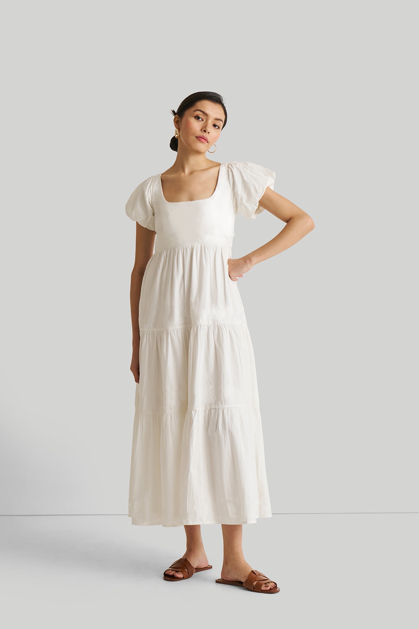 Puff Sleeve Embroidered Tiered Dress in White