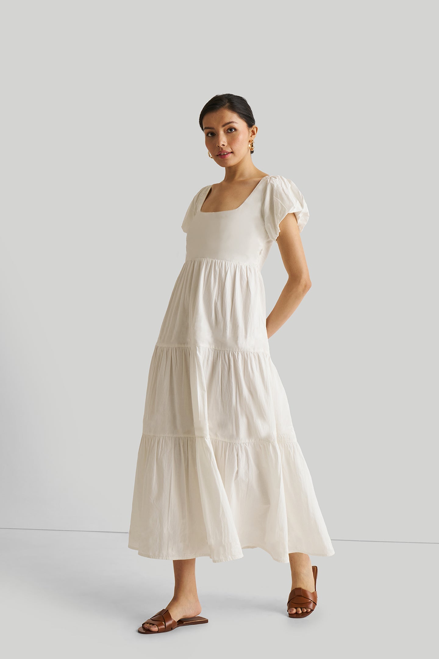 Puff Sleeve Embroidered Tiered Dress in White