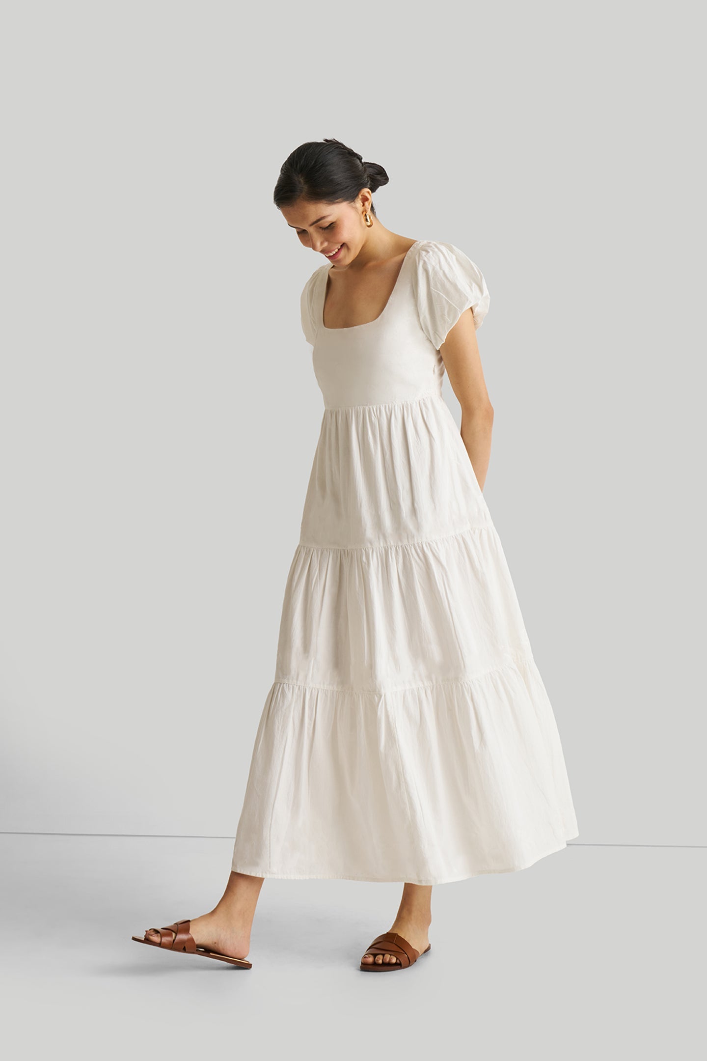Puff Sleeve Embroidered Tiered Dress in White