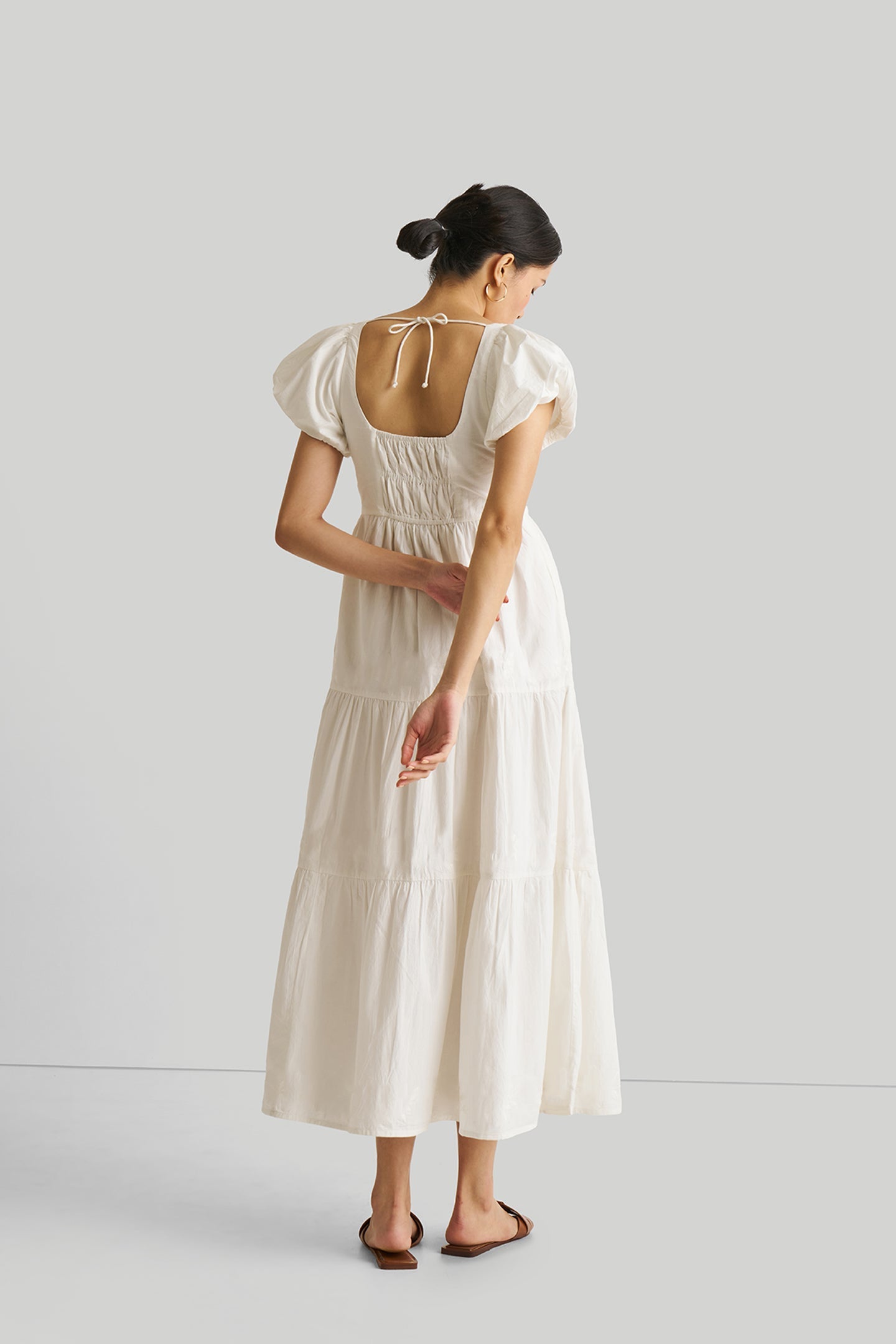 Puff Sleeve Embroidered Tiered Dress in White