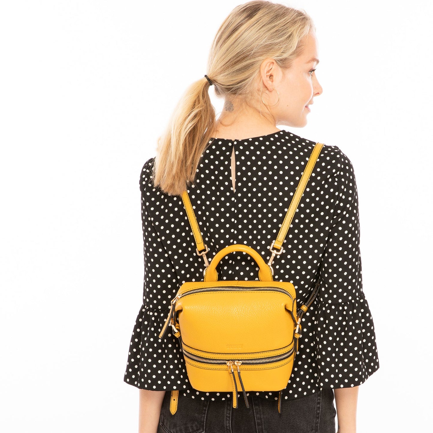 SUSU Leather Backpack for Women  Yellow Purse Convertible Crossbody Bag Medium Size with Front and Back Pockets