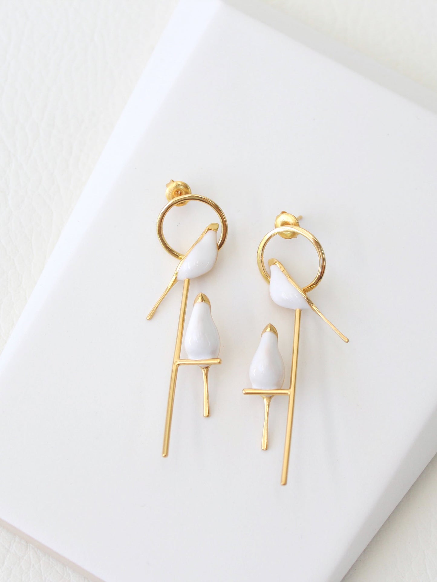 Perched Bird Earrings | 3D enamel sculptural earrings